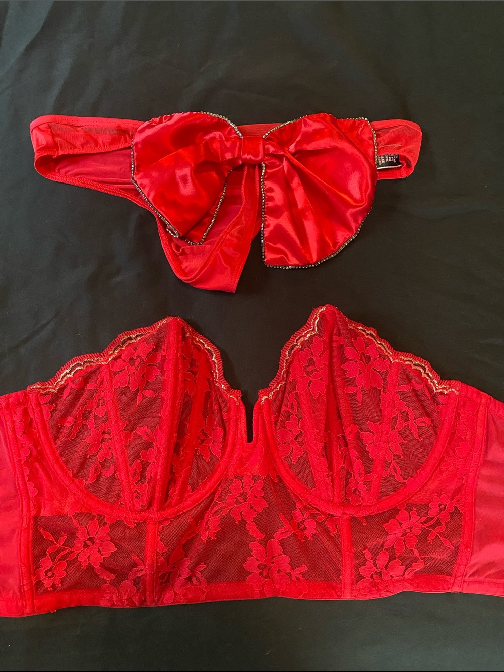 Victoria Secret Red Lace Bustier with Satin Bow Thong - Women Intimates